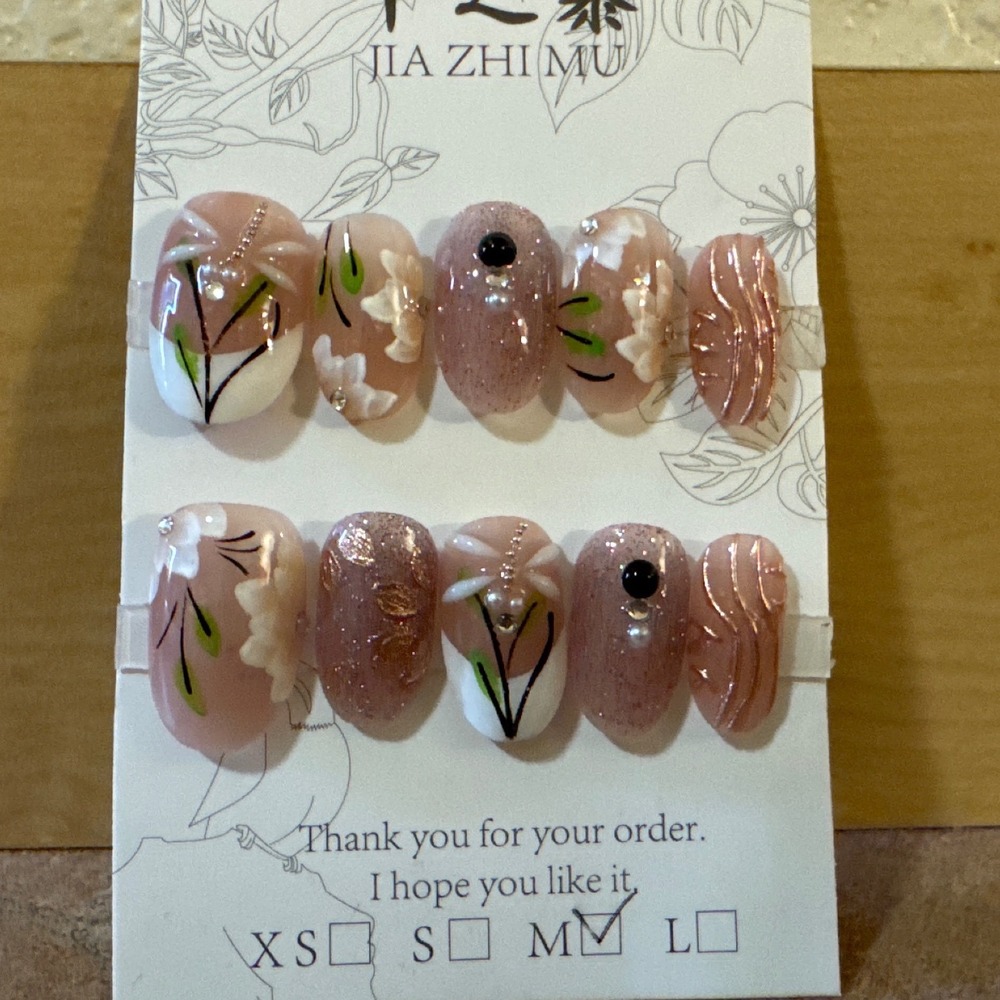 Floral Press On Nails Medium Almond Pink White Glitter 3D Flower Rhinestone Set